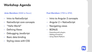 Workshop Agenda
• Intro to NativeScript
• NativeScript core concepts
• “Hello World”
• Defining Views
• Debugging JavaScript
• Basic data binding
• Styling views with CSS
• Intro to Angular 2 concepts
• Angular 2 + NativeScript
• Navigating views
• BONUS
• Extending with plugins
• Adding animations
• Using Telerik Platform
Ante Meridiem (9AM to Noon) Post Meridiem (1PM to 4PM)
 