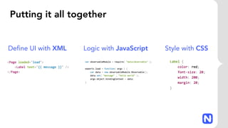 Putting it all together
Style with CSSDefine UI with XML Logic with JavaScript
 