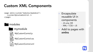 Custom XML Components
<page xmlns:custom="modules/mymodule">
<custom:MyCustomControl />
</page>
• Encapsulate
reusable UI in
components
• JS only, OR
• XML + CSS + JS
• Add to pages with
xmlns
modules
mymodule
.XML
MyCustomControl.js
MyCustomControl.css
MyCustomControl.xml
 