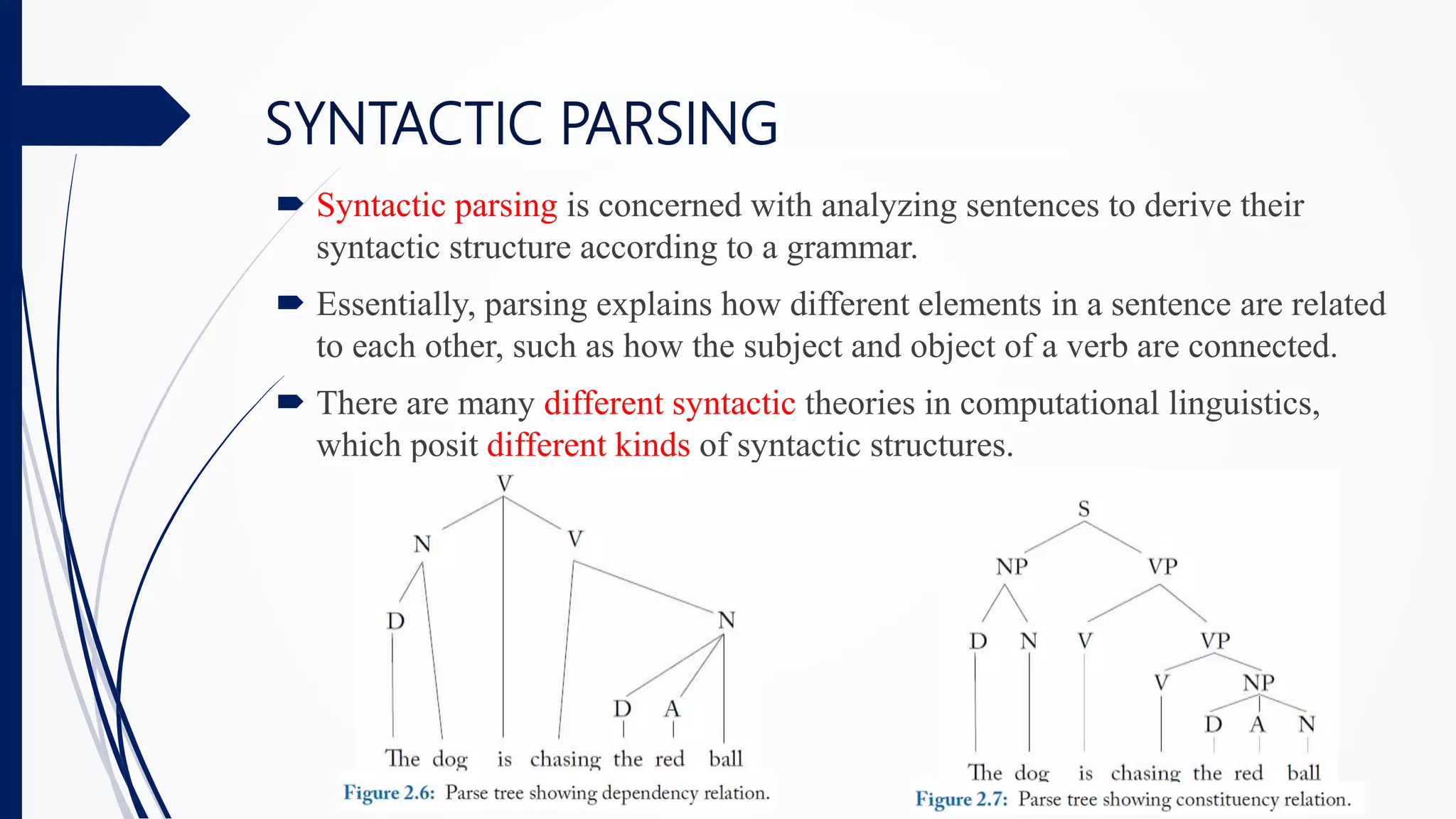 SYNTACTIC PARSING
 Syntactic parsing is concerned with analyzing sentences to derive their
syntactic structure according to a grammar.
 Essentially, parsing explains how different elements in a sentence are related
to each other, such as how the subject and object of a verb are connected.
 There are many different syntactic theories in computational linguistics,
which posit different kinds of syntactic structures.
 
