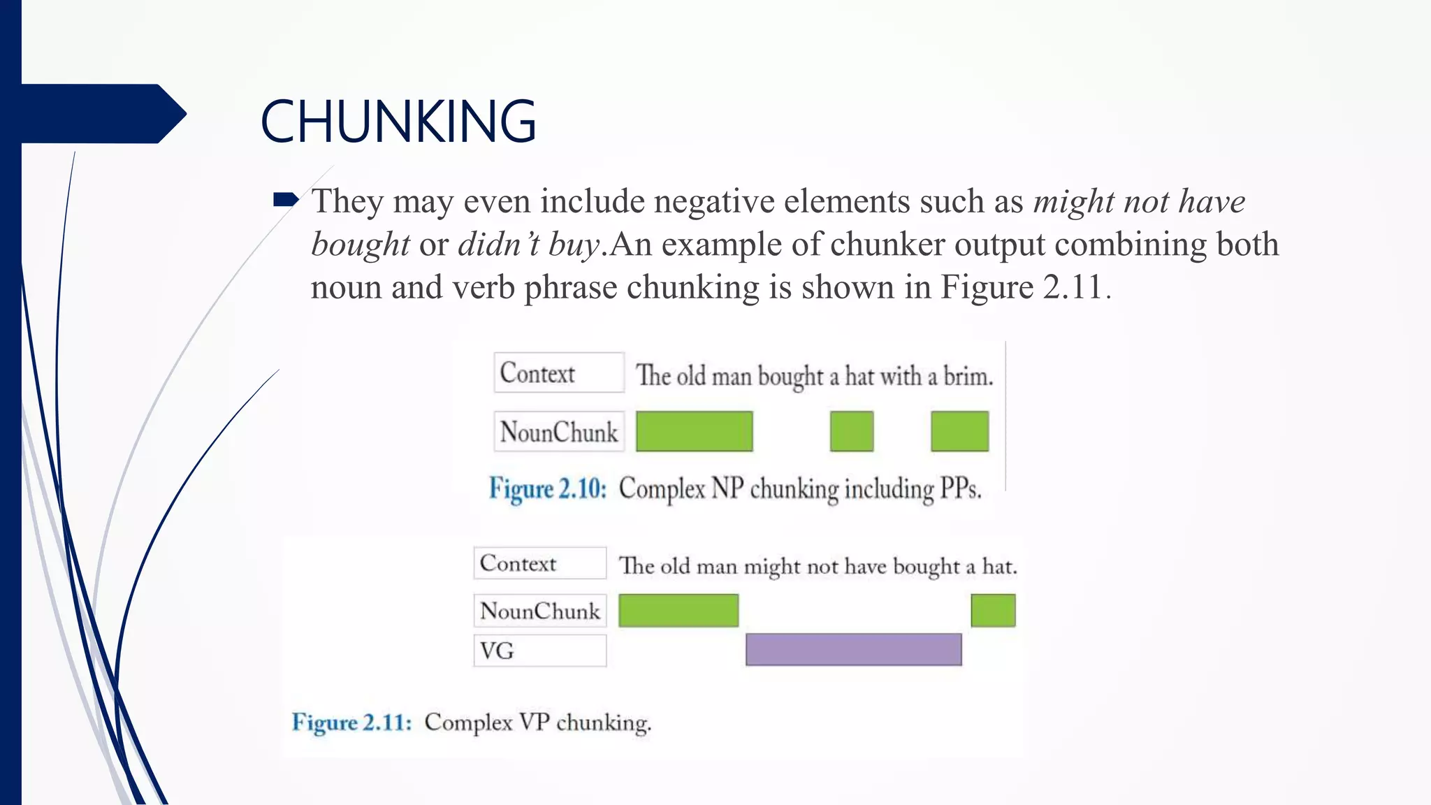 CHUNKING
 They may even include negative elements such as might not have
bought or didn’t buy.An example of chunker output combining both
noun and verb phrase chunking is shown in Figure 2.11.
 