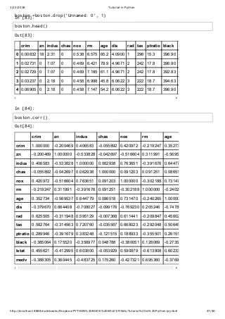 1/22/2016 Tutorial in Python
http://localhost:8888/notebooks/Dropbox/PYTHON%20BOOK%20WILEY/FINAL/Tutorial%20in%20Python.ipynb# 37/50
In [83]:
In [84]:
Out[83]:
crim zn indus chas nox rm age dis rad tax ptratio black lstat
0 0.00632 18 2.31 0 0.538 6.575 65.2 4.0900 1 296 15.3 396.90 4.98
1 0.02731 0 7.07 0 0.469 6.421 78.9 4.9671 2 242 17.8 396.90 9.14
2 0.02729 0 7.07 0 0.469 7.185 61.1 4.9671 2 242 17.8 392.83 4.03
3 0.03237 0 2.18 0 0.458 6.998 45.8 6.0622 3 222 18.7 394.63 2.94
4 0.06905 0 2.18 0 0.458 7.147 54.2 6.0622 3 222 18.7 396.90 5.33
Out[84]:
crim zn indus chas nox rm age
crim 1.000000 ­0.200469 0.406583 ­0.055892 0.420972 ­0.219247 0.352734
zn ­0.200469 1.000000 ­0.533828 ­0.042697 ­0.516604 0.311991 ­0.569537
indus 0.406583 ­0.533828 1.000000 0.062938 0.763651 ­0.391676 0.644779
chas ­0.055892 ­0.042697 0.062938 1.000000 0.091203 0.091251 0.086518
nox 0.420972 ­0.516604 0.763651 0.091203 1.000000 ­0.302188 0.731470
rm ­0.219247 0.311991 ­0.391676 0.091251 ­0.302188 1.000000 ­0.240265
age 0.352734 ­0.569537 0.644779 0.086518 0.731470 ­0.240265 1.000000
dis ­0.379670 0.664408 ­0.708027 ­0.099176 ­0.769230 0.205246 ­0.747881
rad 0.625505 ­0.311948 0.595129 ­0.007368 0.611441 ­0.209847 0.456022
tax 0.582764 ­0.314563 0.720760 ­0.035587 0.668023 ­0.292048 0.506456
ptratio 0.289946 ­0.391679 0.383248 ­0.121515 0.188933 ­0.355501 0.261515
black ­0.385064 0.175520 ­0.356977 0.048788 ­0.380051 0.128069 ­0.273534
lstat 0.455621 ­0.412995 0.603800 ­0.053929 0.590879 ­0.613808 0.602339
medv ­0.388305 0.360445 ­0.483725 0.175260 ­0.427321 0.695360 ­0.376955
boston =boston.drop('Unnamed: 0', 1)
boston.head()
boston.corr()
 
