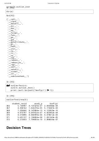 1/22/2016 Tutorial in Python
http://localhost:8888/notebooks/Dropbox/PYTHON%20BOOK%20WILEY/FINAL/Tutorial%20in%20Python.ipynb# 43/50
In [92]:
In [93]:
In [94]:
Decision Trees
Out[92]:
['__call__',
'__class__',
'__delattr__',
'__dir__',
'__doc__',
'__eq__',
'__format__',
'__func__',
'__ge__',
'__get__',
'__getattribute__',
'__gt__',
'__hash__',
'__init__',
'__le__',
'__lt__',
'__ne__',
'__new__',
'__reduce__',
'__reduce_ex__',
'__repr__',
'__self__',
'__setattr__',
'__sizeof__',
'__str__',
'__subclasshook__']
student_resid unadj_p bonf(p)
365 5.130997 4.137329e-07 2.093488e-04
367 4.458162 1.022270e-05 5.172687e-03
368 7.350666 8.147884e-13 4.122829e-10
369 4.972797 9.097632e-07 4.603402e-04
370 4.510890 8.060499e-06 4.078612e-03
371 5.691137 2.156804e-08 1.091343e-05
372 6.272833 7.704855e-10 3.898656e-07
a=result.outlier_test
dir(a)
def outlierTest(x):
outl=x.outlier_test()
print (outl.loc[outl['bonf(p)'] != 1])
outlierTest(result)
 