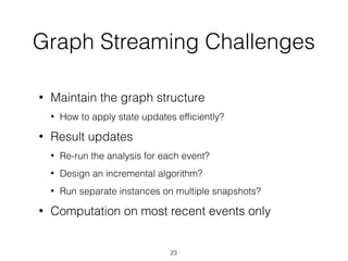 Graph Streaming Challenges
• Maintain the graph structure
• How to apply state updates efﬁciently?
• Result updates
• Re-run the analysis for each event?
• Design an incremental algorithm?
• Run separate instances on multiple snapshots?
• Computation on most recent events only
23
 