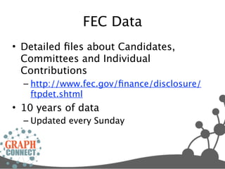 FEC Data
• Detailed ﬁles about Candidates,
  Committees and Individual
  Contributions
  – http://www.fec.gov/ﬁnance/disclosure/
    ftpdet.shtml
• 10 years of data
  – Updated every Sunday
 
