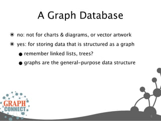 A Graph Database
๏ no: not for charts & diagrams, or vector artwork
๏ yes: for storing data that is structured as a graph
   • remember linked lists, trees?
   • graphs are the general-purpose data structure




                                                        5
 