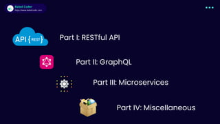Babel Coder
Babel Coder
https://www.babelcoder.com
Part I: RESTful API
Part II: GraphQL
Part III: Microservices
Part IV: Miscellaneous
 