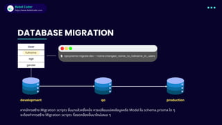 Babel Coder
Babel Coder
https://www.babelcoder.com
DATABASE MIGRATION
development qa production
fullname
User
age
gender
หากมีการสร้าง Migration scripts ขึนมาแล้วครังหนึง การเปลียนแปลงข้อมูลหรือ Model ใน schema.prisma ใด ๆ
จะต้องทําการสร้าง Migration scripts ทีสอดคล้องขึนมาใหม่เสมอ ๆ
$ npx prisma migrate dev --name changed_name_to_fullname_in_users
 
