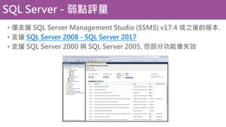 SQL Server - 弱點評量
• 僅支援 SQL Server Management Studio (SSMS) v17.4 或之後的版本.
• 支援 SQL Server 2008 - SQL Server 2017
• 支援 SQL Server 2000 與 SQL Server 2005, 但部分功能會失效
 