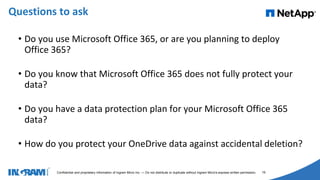 1405002
Confidential and proprietary information of Ingram Micro Inc. — Do not distribute or duplicate without Ingram Micro's express written permission. 19
• Do you use Microsoft Office 365, or are you planning to deploy
Office 365?
• Do you know that Microsoft Office 365 does not fully protect your
data?
• Do you have a data protection plan for your Microsoft Office 365
data?
• How do you protect your OneDrive data against accidental deletion?
Questions to ask
 