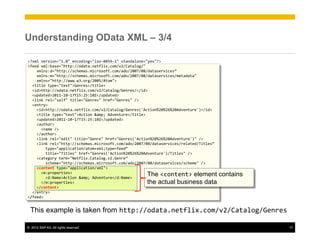 Understanding OData XML – 3/4

<?xml	
  version="1.0"	
  encoding="iso-­‐8859-­‐1"	
  standalone="yes"?>	
  
<feed	
  xml:base="http://odata.netflix.com/v2/Catalog/"	
  
	
  	
  	
  	
  xmlns:d="http://schemas.microsoft.com/ado/2007/08/dataservices”	
  
	
  	
  	
  	
  xmlns:m="http://schemas.microsoft.com/ado/2007/08/dataservices/metadata"	
  
	
  	
  	
  	
  xmlns="http://www.w3.org/2005/Atom">	
  
	
  	
  <title	
  type="text">Genres</title>	
  
	
  	
  <id>http://odata.netflix.com/v2/Catalog/Genres/</id>	
  
	
  	
  <updated>2011-­‐10-­‐17T15:25:10Z</updated>	
  
	
  	
  <link	
  rel="self"	
  title="Genres"	
  href="Genres"	
  />	
  
	
  	
  <entry>	
  
	
  	
  	
  	
  <id>http://odata.netflix.com/v2/Catalog/Genres('Action%20%26%20Adventure')</id>	
  
	
  	
  	
  	
  <title	
  type="text">Action	
  &amp;	
  Adventure</title>	
  
	
  	
  	
  	
  <updated>2011-­‐10-­‐17T15:25:10Z</updated>	
  
	
  	
  	
  	
  <author>	
  
	
  	
  	
  	
  	
  	
  <name	
  />	
  
	
  	
  	
  	
  </author>	
  
	
  	
  	
  	
  <link	
  rel="edit"	
  title="Genre"	
  href="Genres('Action%20%26%20Adventure')"	
  />	
  
	
  	
  	
  	
  <link	
  rel="http://schemas.microsoft.com/ado/2007/08/dataservices/related/Titles”	
  
	
  	
  	
  	
  	
  	
  	
  	
  type="application/atom+xml;type=feed”	
  
	
  	
  	
  	
  	
  	
  	
  	
  title="Titles"	
  href="Genres('Action%20%26%20Adventure')/Titles"	
  />	
  
	
  	
  	
  	
  <category	
  term="Netflix.Catalog.v2.Genre”	
  
	
  	
  	
  	
  	
  	
  	
  	
  scheme="http://schemas.microsoft.com/ado/2007/08/dataservices/scheme"	
  />	
  
	
  	
  	
  	
  <content	
  type="application/xml">	
  
	
  	
  	
  	
  	
  	
  <m:properties>	
  
                                                                      The <content> element contains
	
  	
  	
  	
  	
  	
  	
  	
  <d:Name>Action	
  &amp;	
  Adventure</d:Name>	
  
	
  	
  	
  	
  	
  	
  </m:properties>	
                             the actual business data
	
  	
  	
  	
  </content>	
  
	
  	
  </entry>	
  
</feed>	
  


  This example is taken from http://odata.netflix.com/v2/Catalog/Genres	
  

©  2012 SAP AG. All rights reserved.                                                                              17
 