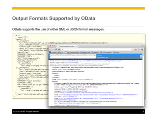Output Formats Supported by OData

OData supports the use of either XML or JSON format messages.
{	
  "d":{	
  
	
  	
  "__count":”2",	
  
	
  	
  "results":[{	
  
	
  	
  	
  	
  "__metadata":{	
  
	
  	
  	
  	
  	
  	
  "uri":"http://ldcigkq.wdf.sap.corp:50080/sap/opu/odata/iwfnd/RMTSAMPLEFLIGHT/CarrierCollection('AA')",	
  
	
  	
  	
  	
  	
  	
  "type":"RMTSAMPLEFLIGHT.Carrier",	
  
	
  	
  	
  	
  	
  	
  "content_type":"text/html",	
  
	
  	
  	
  	
  	
  	
  "media_src":"http://ldcigkq.wdf.sap.corp:50080/sap/opu/odata/iwfnd/RMTSAMPLEFLIGHT/CarrierCollection('AA')/$value",	
  
	
  	
  	
  	
  	
  	
  "edit_media":"http://ldcigkq.wdf.sap.corp:50080/sap/opu/odata/iwfnd/RMTSAMPLEFLIGHT/CarrierCollection('AA')/$value"},	
  
	
  	
  	
  	
  "carrid":"AA",	
  
	
  	
  	
  	
  "CARRNAME":"American	
  Airlines",	
  
	
  	
  	
  	
  "CURRCODE":"USD",	
  
	
  	
  	
  	
  "URL":"http://www.aa.com",	
  
	
  	
  	
  	
  "mimeType":"text/html",	
  
	
  	
  	
  	
  "carrierFlights":{	
  
	
  	
  	
  	
  	
  	
  "__deferred":{	
  
	
  	
  	
  	
  	
  	
  	
  	
  "uri":"http://ldcigkq.wdf.sap.corp:50080/sap/opu/odata/iwfnd/RMTSAMPLEFLIGHT/CarrierCollection('AA')/carrierFlights"}}},	
  
	
  	
  	
  {"__metadata":{	
  
	
  	
  	
  	
  	
  	
  "uri":"http://ldcigkq.wdf.sap.corp:50080/sap/opu/odata/iwfnd/RMTSAMPLEFLIGHT/CarrierCollection('JL')",	
  
	
  	
  	
  	
  	
  	
  "type":"RMTSAMPLEFLIGHT.Carrier",	
  
	
  	
  	
  	
  	
  	
  "content_type":"text/html",	
  
	
  	
  	
  	
  	
  	
  "media_src":"http://ldcigkq.wdf.sap.corp:50080/sap/opu/odata/iwfnd/RMTSAMPLEFLIGHT/CarrierCollection('JL')/$value",	
  
	
  	
  	
  	
  	
  	
  "edit_media":"http://ldcigkq.wdf.sap.corp:50080/sap/opu/odata/iwfnd/RMTSAMPLEFLIGHT/CarrierCollection('JL')/$value"},	
  
	
  	
  	
  	
  "carrid":"JL",	
  
	
  	
  	
  	
  "CARRNAME":"Japan	
  Airlines",	
  
	
  	
  	
  	
  "CURRCODE":"JPY",	
  
	
  	
  	
  	
  "URL":"http://www.jal.co.jp","mimeType":"text/html",	
  
	
  	
  	
  	
  "carrierFlights":{	
  
	
  	
  	
  	
  	
  	
  "__deferred":{	
  
	
  	
  	
  	
  	
  	
  	
  	
  "uri":"http://ldcigkq.wdf.sap.corp:50080/sap/opu/odata/iwfnd/RMTSAMPLEFLIGHT/CarrierCollection('JL')/carrierFlights"}}}	
  
	
  	
  ],	
  
	
  	
  "__next":"http://ldcigkq.wdf.sap.corp:50080/sap/opu/odata/iwfnd/RMTSAMPLEFLIGHT/CarrierCollection?$skiptoken=11"}	
  
}	
  




©  2012 SAP AG. All rights reserved.                                                                                                                           8
 