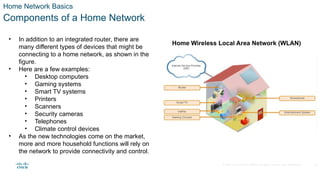 © 2020 Cisco and/or its affiliates. All rights reserved. Cisco Confidential
Home Network Basics
Components of a Home Network
• In addition to an integrated router, there are
many different types of devices that might be
connecting to a home network, as shown in the
figure.
• Here are a few examples:
• Desktop computers
• Gaming systems
• Smart TV systems
• Printers
• Scanners
• Security cameras
• Telephones
• Climate control devices
• As the new technologies come on the market,
more and more household functions will rely on
the network to provide connectivity and control.
Home Wireless Local Area Network (WLAN)
13
 