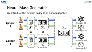 Neural Mask Generator
We introduce the random policy as an opponent policy.
Accuracy: 0.6
Accuracy: 0.35
Accuracy: 0.54
Accuracy: 0.4
Episode
1
Episode
2
≠≠
 