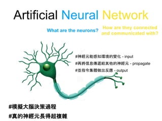 Artificial Neural Network
What are the neurons?
How are they connected
and communicated with?
#模擬大腦決策過程
#真的神經元長得超複雜
#神經元能感知環境的變化 - input
#再將信息傳遞給其他的神經元 - propagate
#並指令集體做出反應 - output
 
