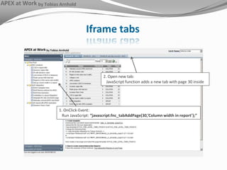 Iframetabs2. Open new tab:   JavaScript function adds a new tab with page 30 inside1. OnClick-Event:    Run JavaScript: “javascript:fnc_tabAddPage(30,’Column width in report’);”