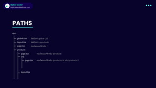 Babel Coder
Babel Coder
https://www.babelcoder.com
PATHS
app
globals.css
layout.tsx
page.tsx
ไฟล์ตั้งค่า global CSS
ไฟล์ตั้งค่า Layout หลัก
คอมโพแนนท์สำหรับ /
products
page.tsx
[id]
page.tsx
layout.tsx
คอมโพแนนท์สำหรับ /products
คอมโพแนนท์สำหรับ /products/:id เช่น /products/1
 
