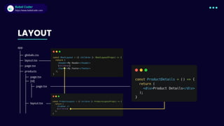 Babel Coder
Babel Coder
https://www.babelcoder.com
LAYOUT
app
globals.css
layout.tsx
page.tsx
products
page.tsx
[id]
page.tsx
layout.tsx
 