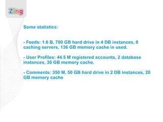 Some statistics: - Feeds: 1.6 B, 700 GB hard drive in 4 DB instances, 8 caching servers, 136 GB memory cache in used. - User Profiles: 44.5 M registered accounts, 2 database instances, 30 GB memory cache. - Comments: 350 M, 50 GB hard drive in 2 DB instances, 20 GB memory cache 