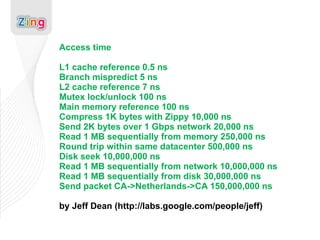 Access time L1 cache reference 0.5 ns Branch mispredict 5 ns L2 cache reference 7 ns Mutex lock/unlock 100 ns Main memory reference 100 ns Compress 1K bytes with Zippy 10,000 ns Send 2K bytes over 1 Gbps network 20,000 ns Read 1 MB sequentially from memory 250,000 ns Round trip within same datacenter 500,000 ns Disk seek 10,000,000 ns Read 1 MB sequentially from network 10,000,000 ns Read 1 MB sequentially from disk 30,000,000 ns Send packet CA->Netherlands->CA 150,000,000 ns by Jeff Dean (http://labs.google.com/people/jeff) 