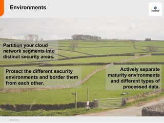 25.09.13
Environments
Partition your cloud
network segments into
distinct security areas.
Protect the different security
environments and border them
from each other.
Actively separate
maturity environments
and different types of
processed data.
 