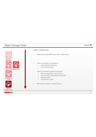 22
Object	Storage	Cloud
Object	Storage	
Cloud
Data	in	&	Data	out.	
• Ingest	Data	through	Kafka	(Event	Hub	– Kafka	Cloud)
• Process	it	through	a	processing	tier	
– Oracle	Big	Data	Cloud	Service
– Oracle	Database	Cloud
• Land	it	in	the	Object	Storage	Cloud	Service
– Object	Storage	(Elastic,	Fast	and	Secure)
– Archive	Storage	(Infrequently	accessed	Data)
– Database	Backup
– Large	Dataset	Transfer
• Work	with	it	via	PaaS	or	Custom	Service	
Big	Data	
Discovery	Cloud
Database	Cloud
Event	Hub	–
Kafka	Cloud
Big	Data	Cloud
 