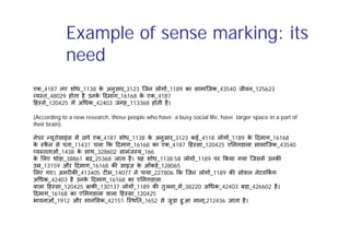 Example of sense marking: its
need
एक_4187 नए शोध_1138 क
े अनुसार_3123 िजन लोग _1189 का सामािजक_43540 जीवन_125623
य त_48029 होता है उनक
े दमाग_16168 क
े एक_4187
ह से_120425 म अ धक_42403 जगह_113368 होती है।
(According to a new research, those people who have a busy social life, have larger space in a part of
their brain).
नेचर यूरोसाइंस म छपे एक_4187 शोध_1138 क
े अनुसार_3123 कई_4118 लोग _1189 क
े दमाग_16168
क
े क
ै न से पता_11431 चला क दमाग_16168 का एक_4187 ह सा_120425 ए मगडाला सामािजक_43540
य तताओं_1438 क
े साथ_328602 सामंज य_166
क
े लए थोड़ा_38861 बढ़_25368 जाता है। यह शोध_1138 58 लोग _1189 पर कया गया िजसम उनक
उ _13159 और दमाग_16168 क साइज़ क
े आँकड़े_128065
लए गए। अमर क _413405 ट म_14077 ने पाया_227806 क िजन लोग _1189 क सोशल नेटव कग
अ धक_42403 है उनक
े दमाग_16168 का ए मगडाला
वाला ह सा_120425 बाक _130137 लोग _1189 क तुलना_म_38220 अ धक_42403 बड़ा_426602 है।
दमाग_16168 का ए मगडाला वाला ह सा_120425
भावनाओं_1912 और मान सक_42151 ि थ त_1652 से जुड़ा हु आ माना
_212436 जाता है।
 