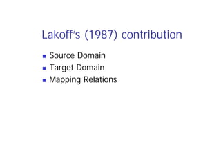 Lakoff’s (1987) contribution
 Source Domain
 Target Domain
 Mapping Relations
 