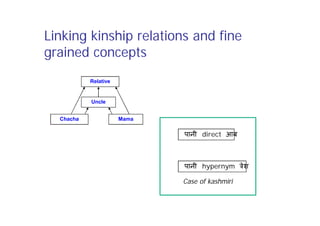Case of kashmiri
Linking kinship relations and fine
grained concepts
Relative
Uncle
Mama
Chacha
पानी direct आब
पानी hypernym ेश
 
