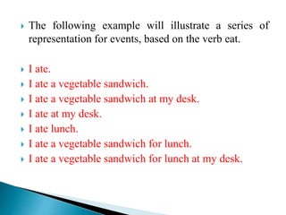  The following example will illustrate a series of
representation for events, based on the verb eat.
 I ate.
 I ate a vegetable sandwich.
 I ate a vegetable sandwich at my desk.
 I ate at my desk.
 I ate lunch.
 I ate a vegetable sandwich for lunch.
 I ate a vegetable sandwich for lunch at my desk.
 