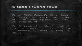 POS tagging & filtering results 
[('films', 'NNS'), ('adapted', 'VBD'), ('from', 
'IN'), ('comic', 'JJ'), ('books', 'NNS'), ('have', 
'VBP'), ('had', 'VBN'), ('plenty', 'NN'), ('of', 
'IN'), ('success', 'NN') 
[('t', 9), ('comic', 5), ('film', 5), ('hell', 5), 
('book', 3), ('campbell', 3), ('don', 3), ('ripper', 
3), ('abberline', 2), ('accent', 2), ('depp', 2), 
('end', 2), 
 