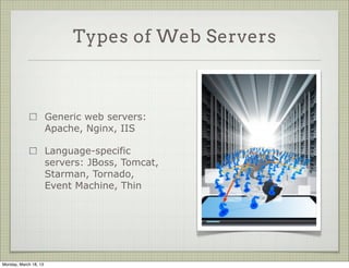 Types of Web Servers



                       Generic web servers:
                       Apache, Nginx, IIS

                       Language-specific
                       servers: JBoss, Tomcat,
                       Starman, Tornado,
                       Event Machine, Thin




Monday, March 18, 13
 