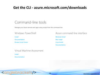15 http://www.anglebrackets.org
Get the CLI - azure.microsoft.com/downloads
 