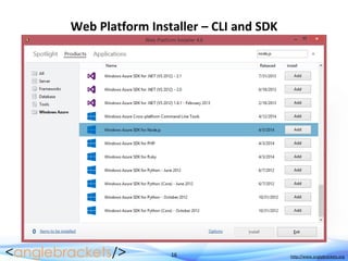 16 http://www.anglebrackets.org
Web Platform Installer – CLI and SDK
 