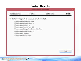17 http://www.anglebrackets.org
Install Results
 