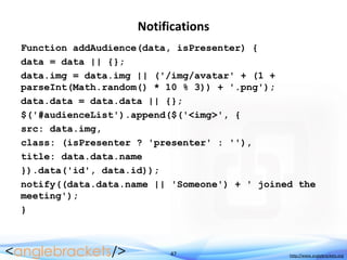 47 http://www.anglebrackets.org
Notifications
Function addAudience(data, isPresenter) {
data = data || {};
data.img = data.img || ('/img/avatar' + (1 +
parseInt(Math.random() * 10 % 3)) + '.png');
data.data = data.data || {};
$('#audienceList').append($('<img>', {
src: data.img,
class: (isPresenter ? 'presenter' : ''),
title: data.data.name
}).data('id', data.id));
notify((data.data.name || 'Someone') + ' joined the
meeting');
}
 