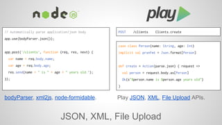 // Automatically parse application/json body 
app.use(bodyParser.json()); 
app.post('/clients', function (req, res, next) { 
var name = req.body.name; 
var age = req.body.age; 
res.send(name + " is " + age + " years old."); 
}); 
POST /clients Clients.create 
case class Person(name: String, age: Int) 
implicit val prsnFmt = Json.format[Person] 
def create = Action(parse.json) { request => 
val person = request.body.as[Person] 
Ok(s"$person.name is $person.age years old") 
} 
bodyParser, xml2js, node-formidable. Play JSON, XML, File Upload APIs. 
JSON, XML, File Upload 
 