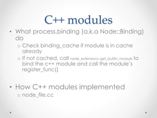 C++ modules
• What process.binding (a.k.a Node::Binding)
do
o Check binding_cache if module is in cache
already
o If not cached, call node_extensions::get_builtin_module to
bind the c++ module and call the module’s
register_func()
• How C++ modules implemented
o node_file.cc
 