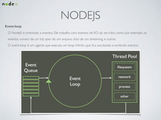 NODEJS
Event-loop
O NodeJS é orientado a eventos. Ele trabalha com eventos de I/O do servidor, como por exemplo, os
eventos connect de um bd, open de um arquivo, data de um streaming, e outros.	

O event-loop é um agente que executa um loop inﬁnito que ﬁca escutando e emitindo eventos. 	

 