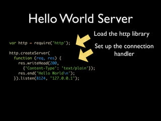 Hello World Server
                                     Load the http library
var http = require('http');
                                     Set up the connection
http.createServer(                          handler
  function (req, res) {
    res.writeHead(200,
      {'Content-Type': 'text/plain'});
    res.end('Hello Worldn');
  }).listen(8124, "127.0.0.1");
 