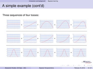 Introduction and background    Bayesian learning



A simple example (cont’d)

Three sequences of four tosses:


                            H                         T                             H      H




                            H                        H                              H      T




                             H                        H                             H      H




  Alessandro Panella (CS Dept. - UIC)                     Bayesian Nonparametrics              February 18, 2013   12 / 57
 