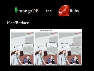 and            Ruby


Map/Reduce

 Map: chops massive data set into smaller
 problem-speciﬁc set


 Reduce: iterates over Map results, combining
 as needed
 