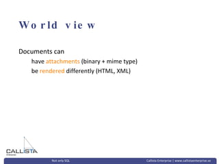 World view Documents can have  attachments  (binary + mime type) be  rendered  differently (HTML, XML) 