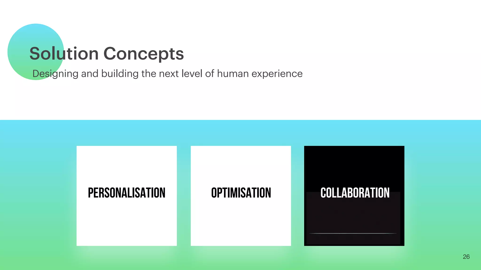 Solution Concepts
Designing and building the next level of human experience
PERSONALISATION OPTIMISATION COLLABORATION
26
 