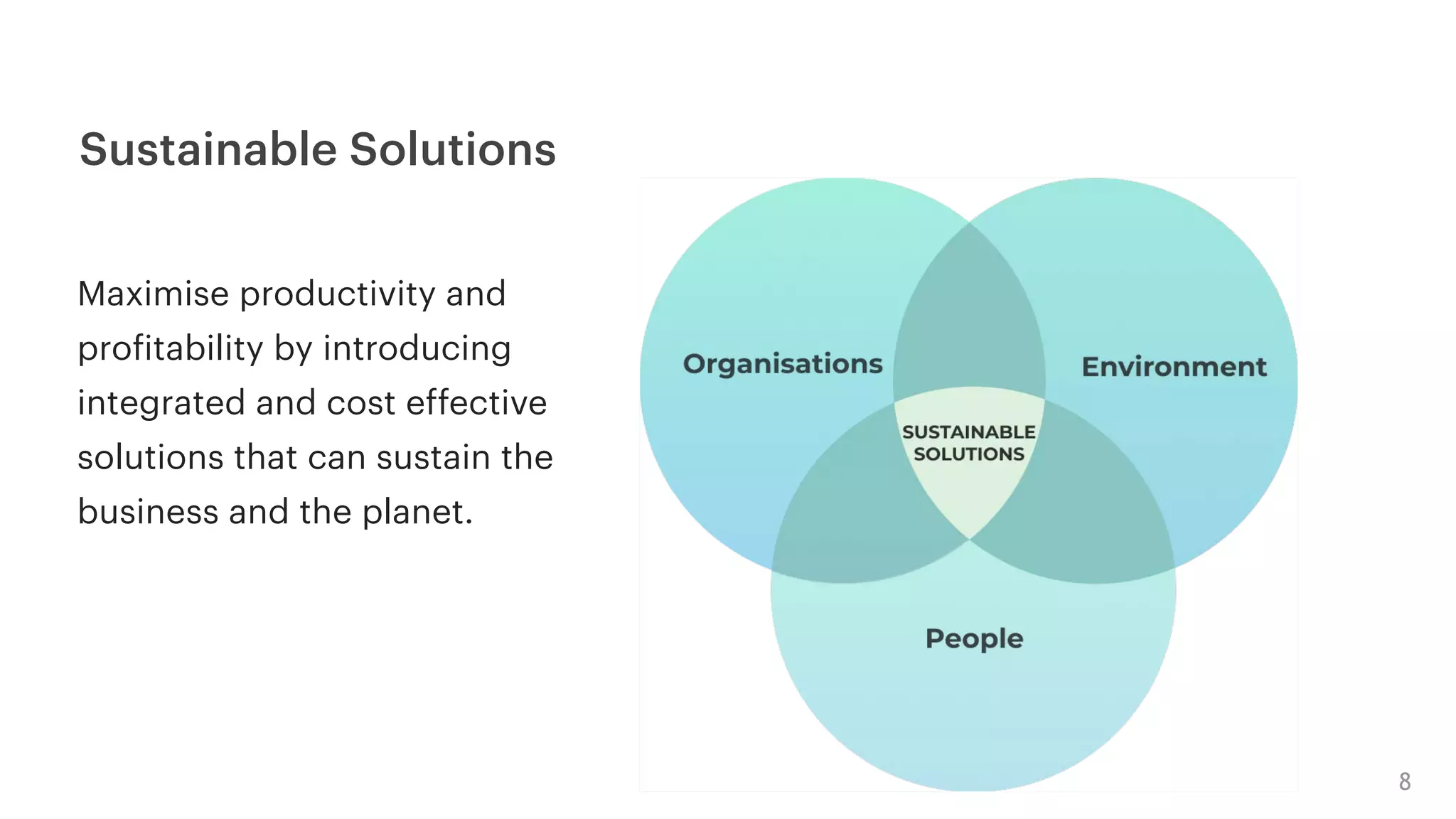 Sustainable Solutions
Maximise productivity and
profitability by introducing
integrated and cost effective
solutions that can sustain the
business and the planet.
8
 