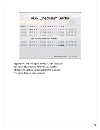 Repeats over and over again, 4 bytes = 32 bit checksum
Can be used to determine if the VBR was modified
3 bytes in the VBR are not calculated in the checksum
This sector does not have a signture
74
 