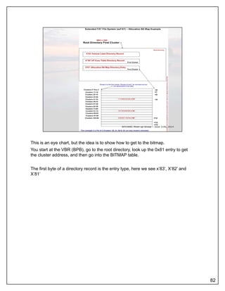 This is an eye chart, but the idea is to show how to get to the bitmap.
You start at the VBR (BPB), go to the root directory, look up the 0x81 entry to get
the cluster address, and then go into the BITMAP table.
The first byte of a directory record is the entry type, here we see x’83’, X’82’ and
X’81’
82
 