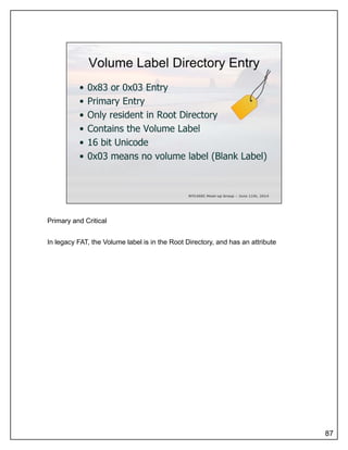 Primary and Critical
In legacy FAT, the Volume label is in the Root Directory, and has an attribute
87
 