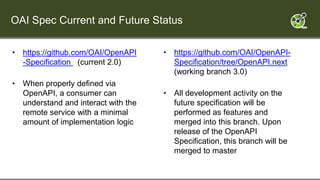 OAI Spec Current and Future Status
• https://github.com/OAI/OpenAPI
-Specification (current 2.0)
• When properly defined via
OpenAPI, a consumer can
understand and interact with the
remote service with a minimal
amount of implementation logic
• https://github.com/OAI/OpenAPI-
Specification/tree/OpenAPI.next
(working branch 3.0)
• All development activity on the
future specification will be
performed as features and
merged into this branch. Upon
release of the OpenAPI
Specification, this branch will be
merged to master
 