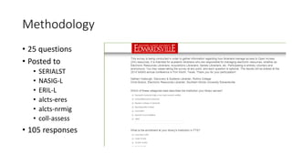Methodology
• 25 questions
• Posted to
• SERIALST
• NASIG-L
• ERIL-L
• alcts-eres
• alcts-nrmig
• coll-assess
• 105 responses
 